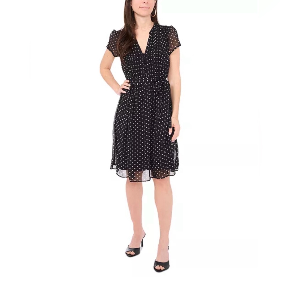 MSK Women's Petite Dot-Print Split-Neck Short-Sleeve Dress Size 6P